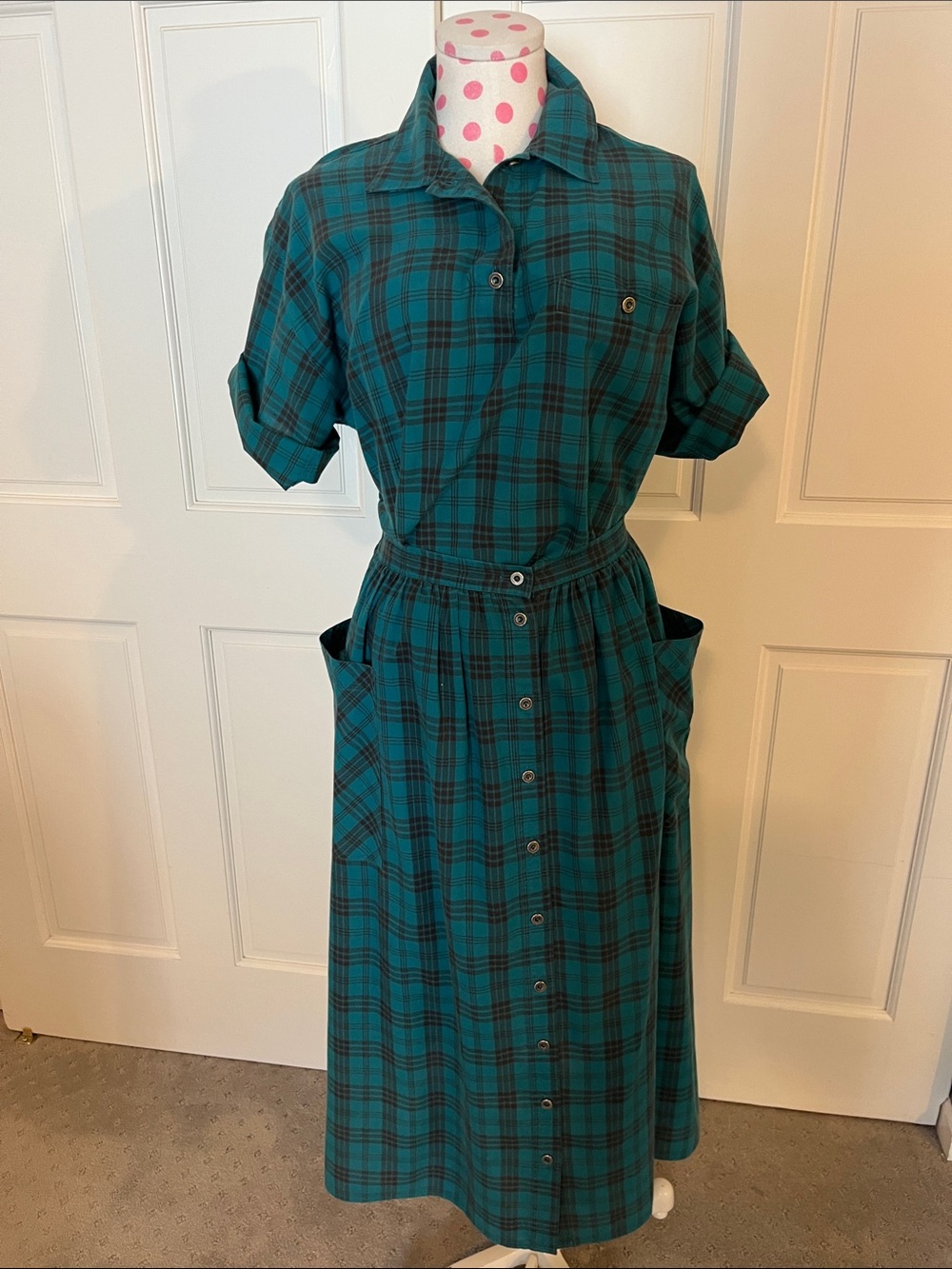 Plaid Button-Front Midi Dress in Teal